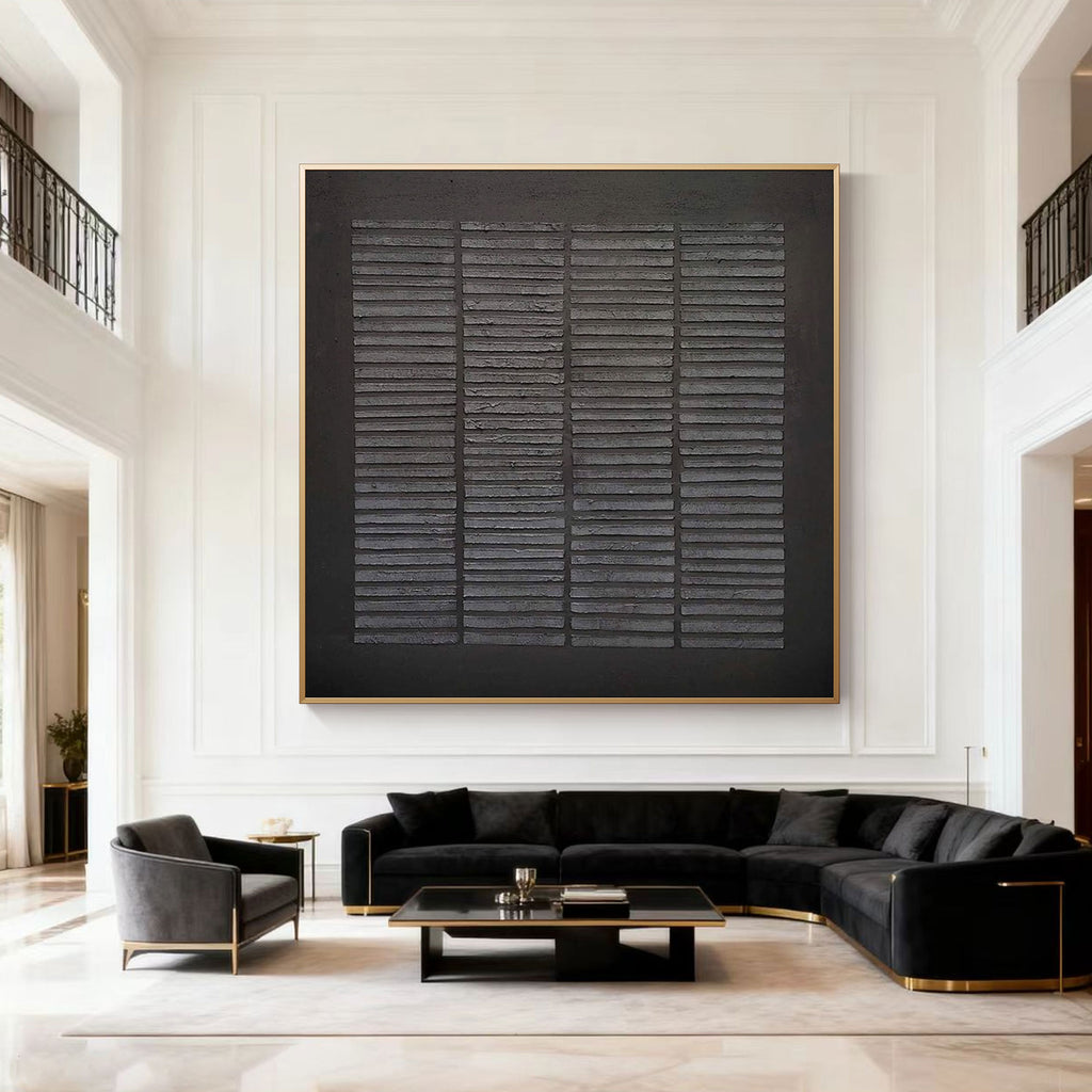 Lumi Gallery's wabi-sabi black hand-painted textured canvas with weathered grid, framed, modern living room