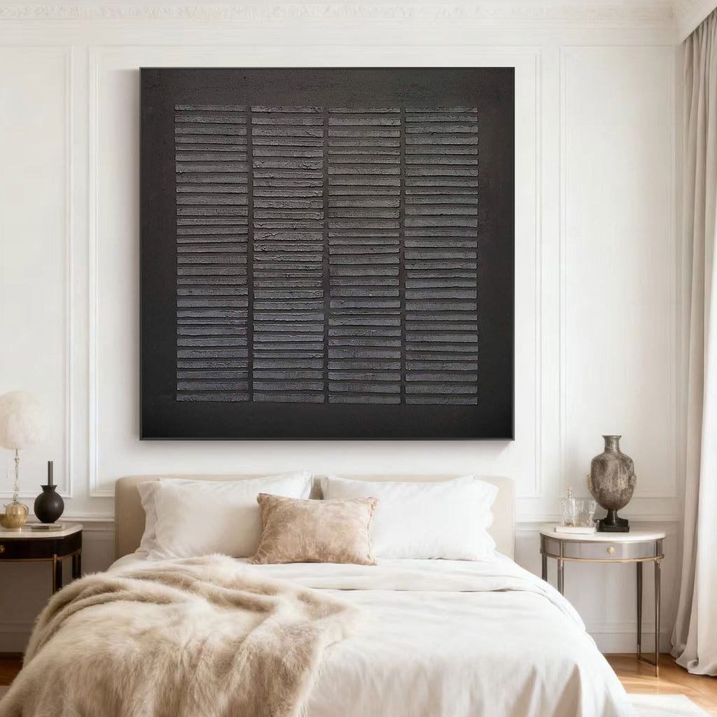 Lumi Gallery's black textured geometric wall art 'Weathered Grid' in bedroom