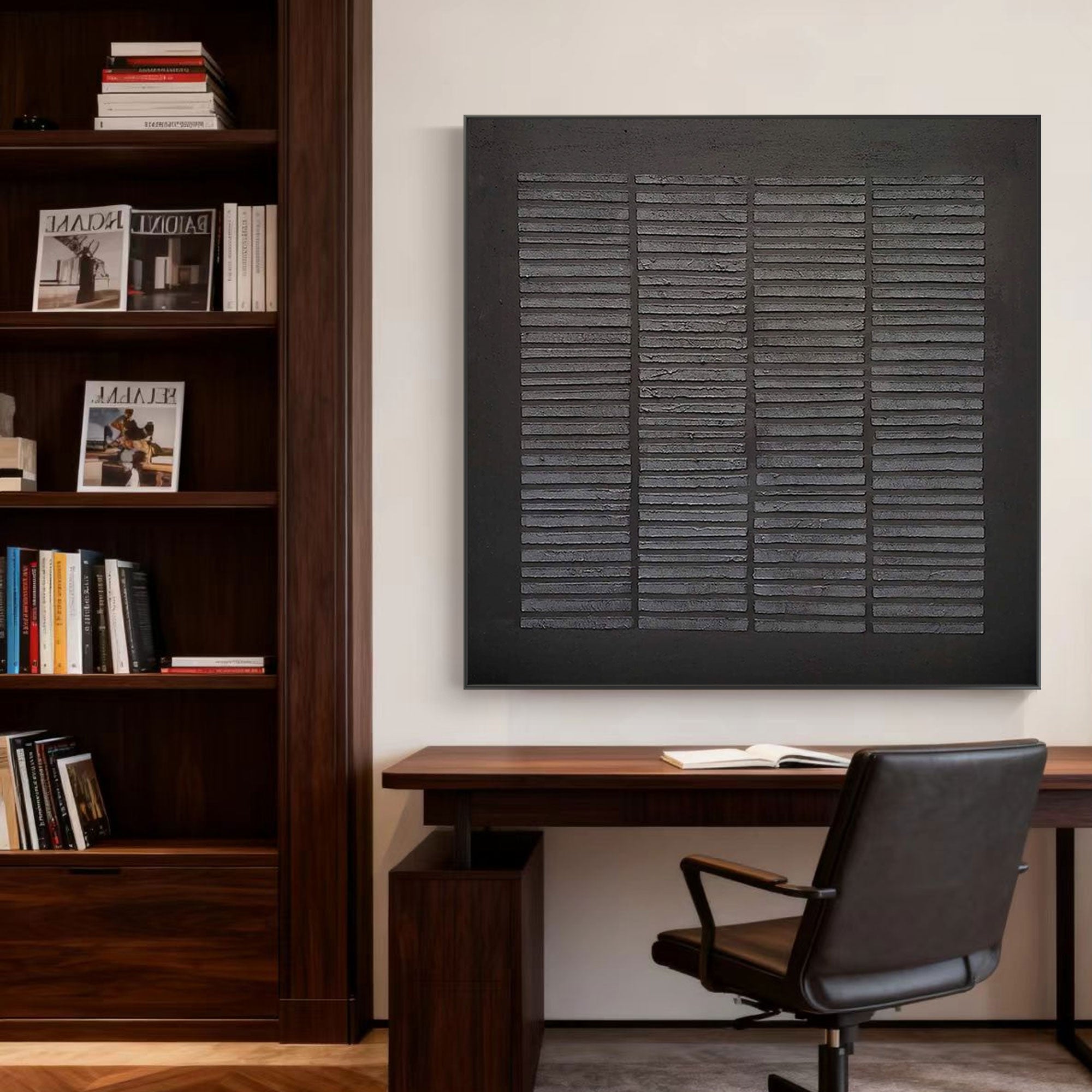 Lumi Gallery's black wabi-sabi textured grid painting in modern office with wooden desk