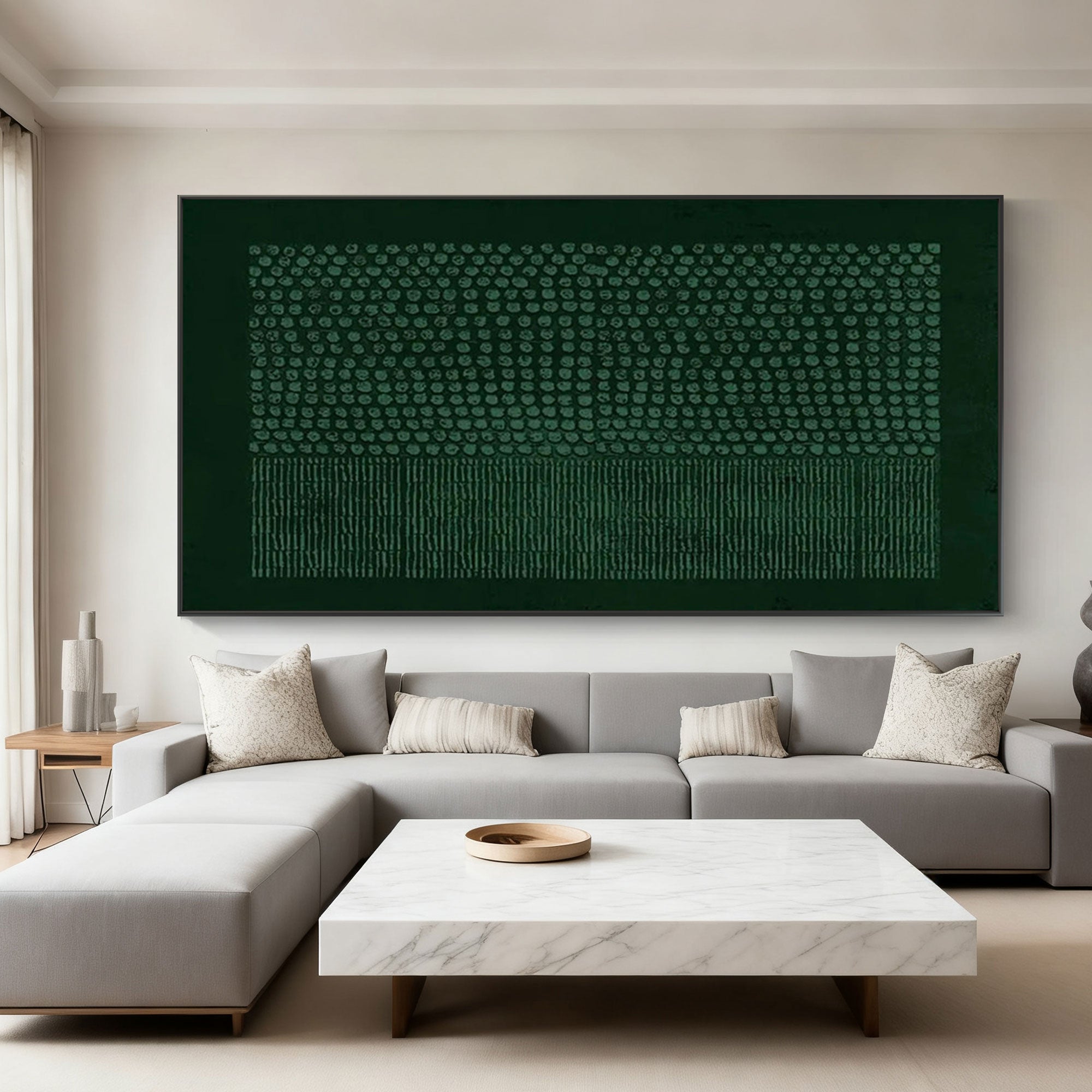 Quiet Form Wabi-Sabi geometric textured wall art in deep green with teal circular patterns and linear details, displayed in a modern living room with gray sofa and marble coffee table.
