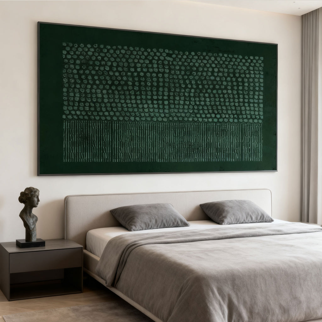 Lumi Gallery's dark green geometric textured wall art with circular patterns, above modern bedroom bed.