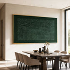 Hand-painted dark green geometric textured wall art with gold frame in dining room