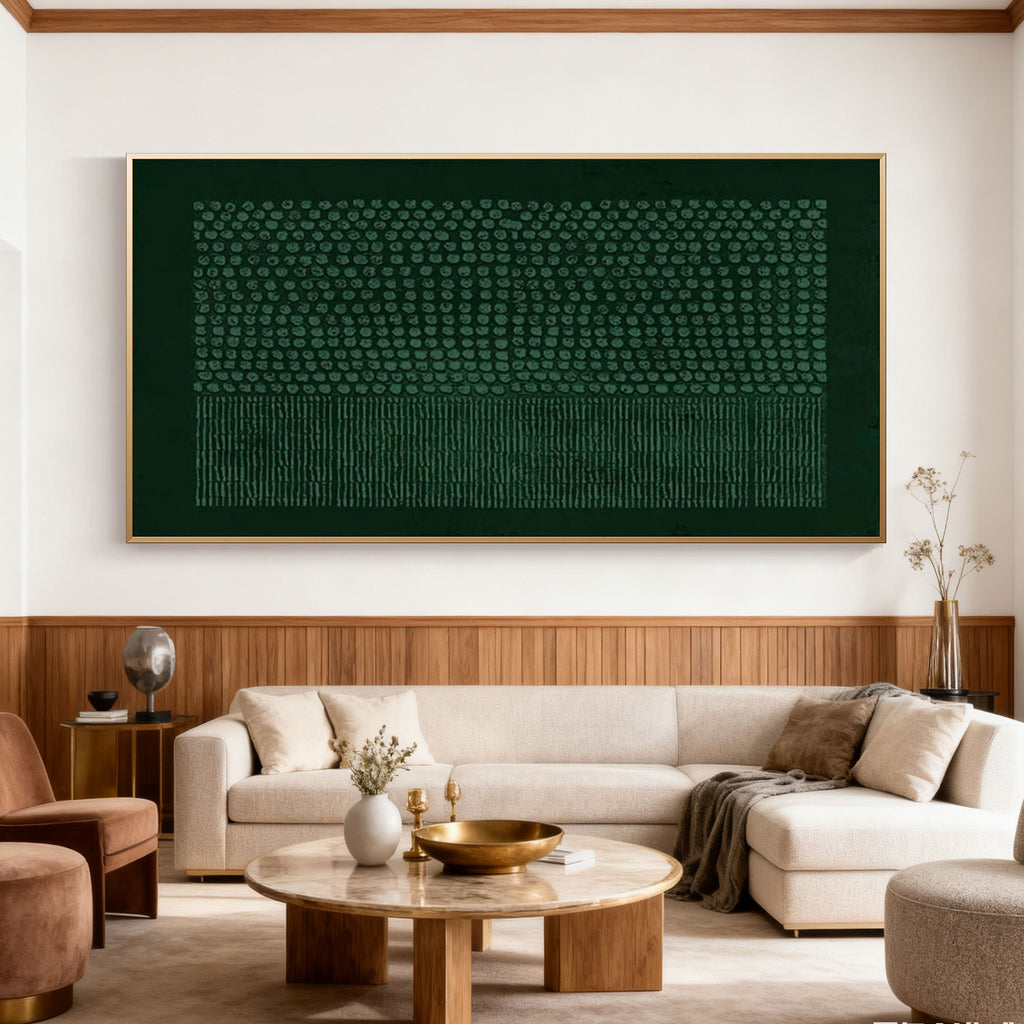 Lumi Gallery's Wabi-Sabi Geometric Textured Wall Art 'Quiet Form' - dark green canvas with patterns, gold frame, wooden paneling living room