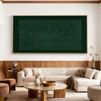 Lumi Gallery's Wabi-Sabi Geometric Textured Wall Art 'Quiet Form' - dark green canvas with patterns, gold frame, wooden paneling living room
