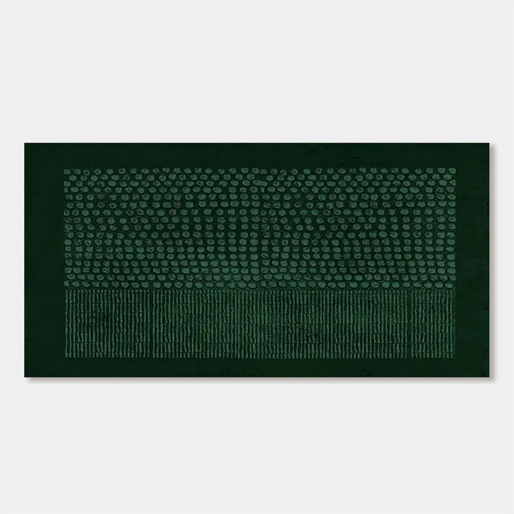 Quiet Form: Dark green Wabi-Sabi geometric wall art with textured circular patterns and vertical lines, hand-painted on canvas.