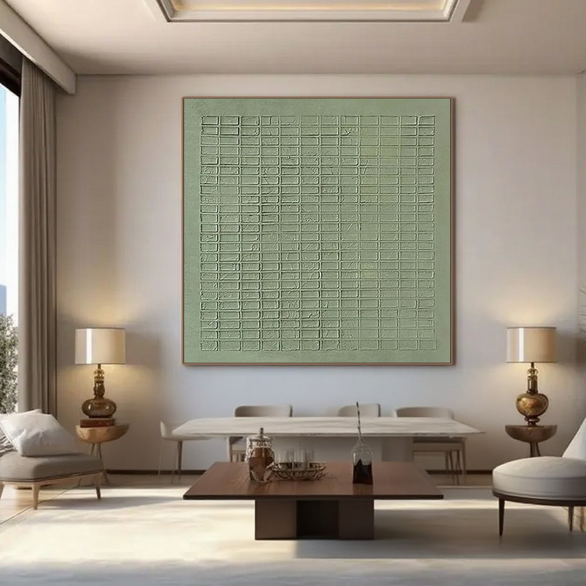 Wabi Sabi green canvas art displayed in a modern living room setting.