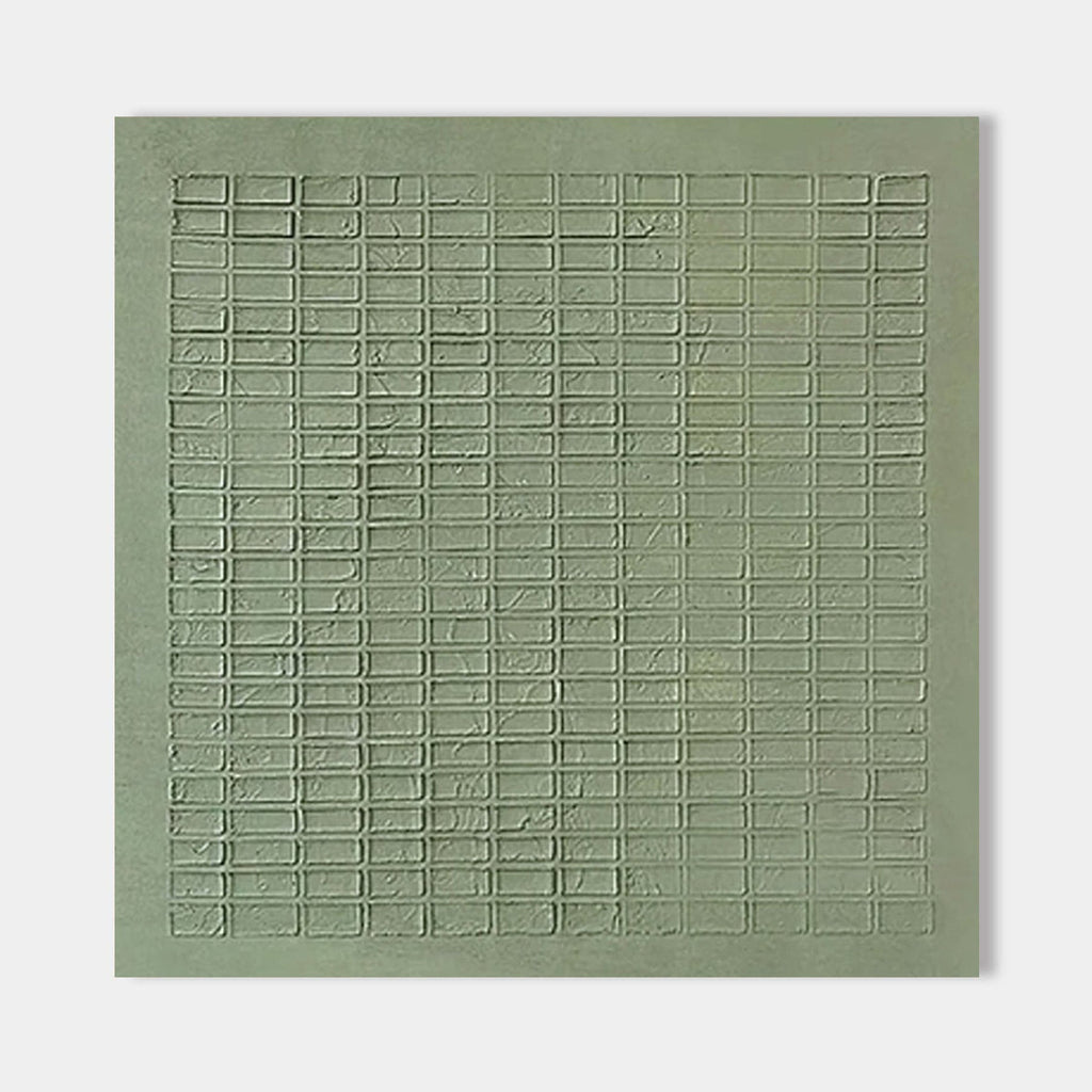 Close-up of the textured green Wabi Sabi canvas art, highlighting the grid pattern.