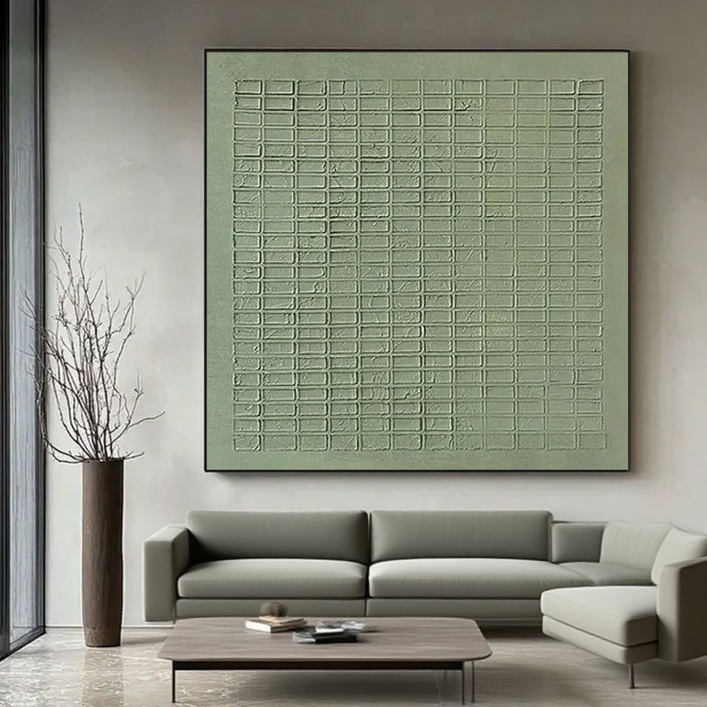 Wabi Sabi green canvas art displayed in a modern living room setting.