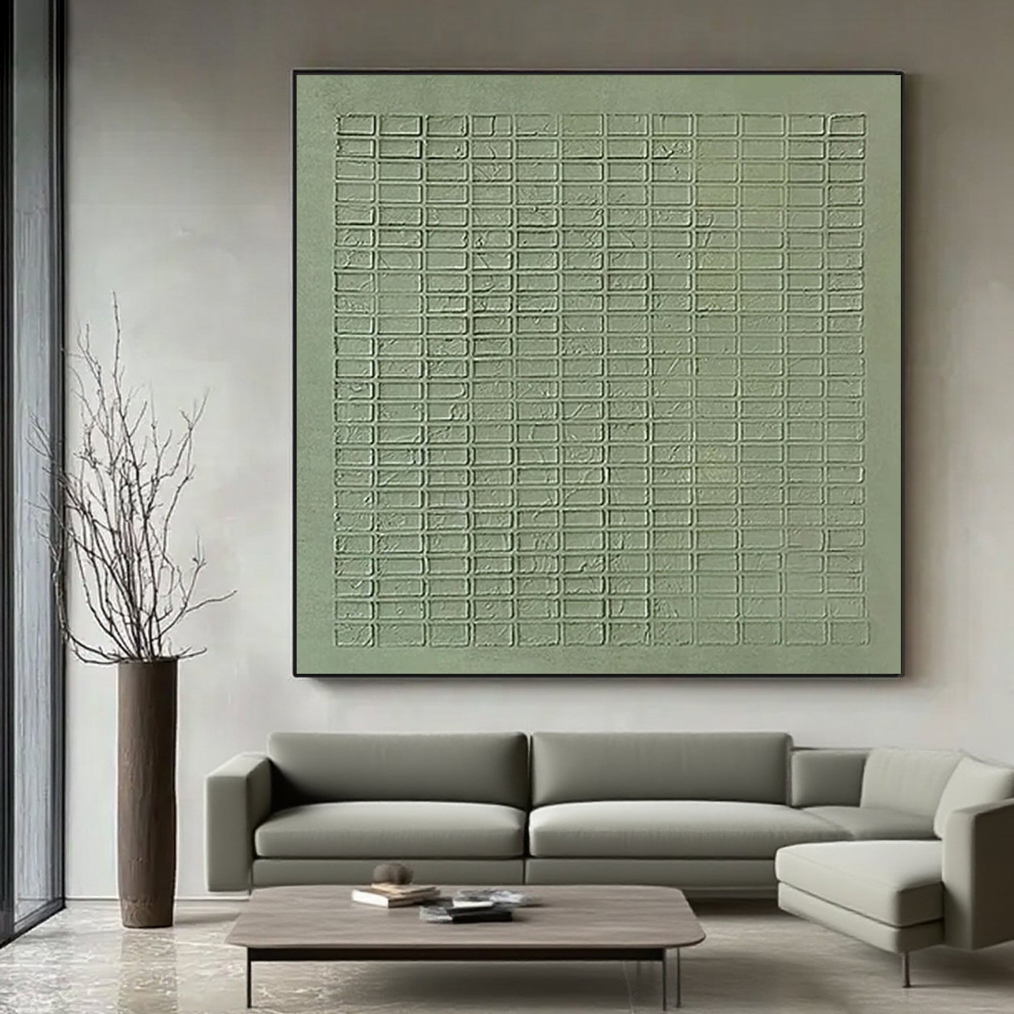 Wabi Sabi green canvas art displayed in a modern living room setting.