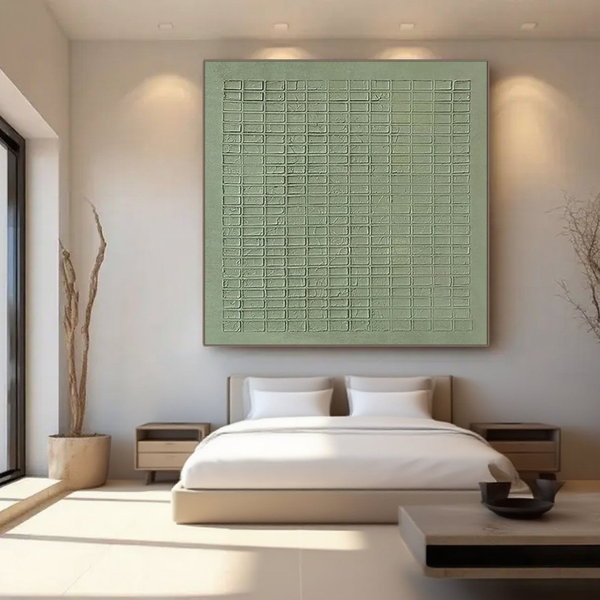 Wabi Sabi green canvas art displayed in a modern living room setting.