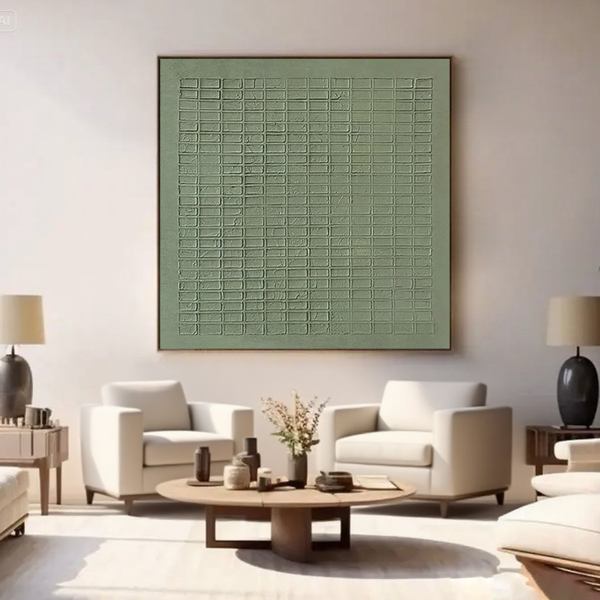 Wabi Sabi green canvas art displayed in a modern living room setting.
