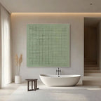 Wabi Sabi green canvas art displayed in a modern living room setting.