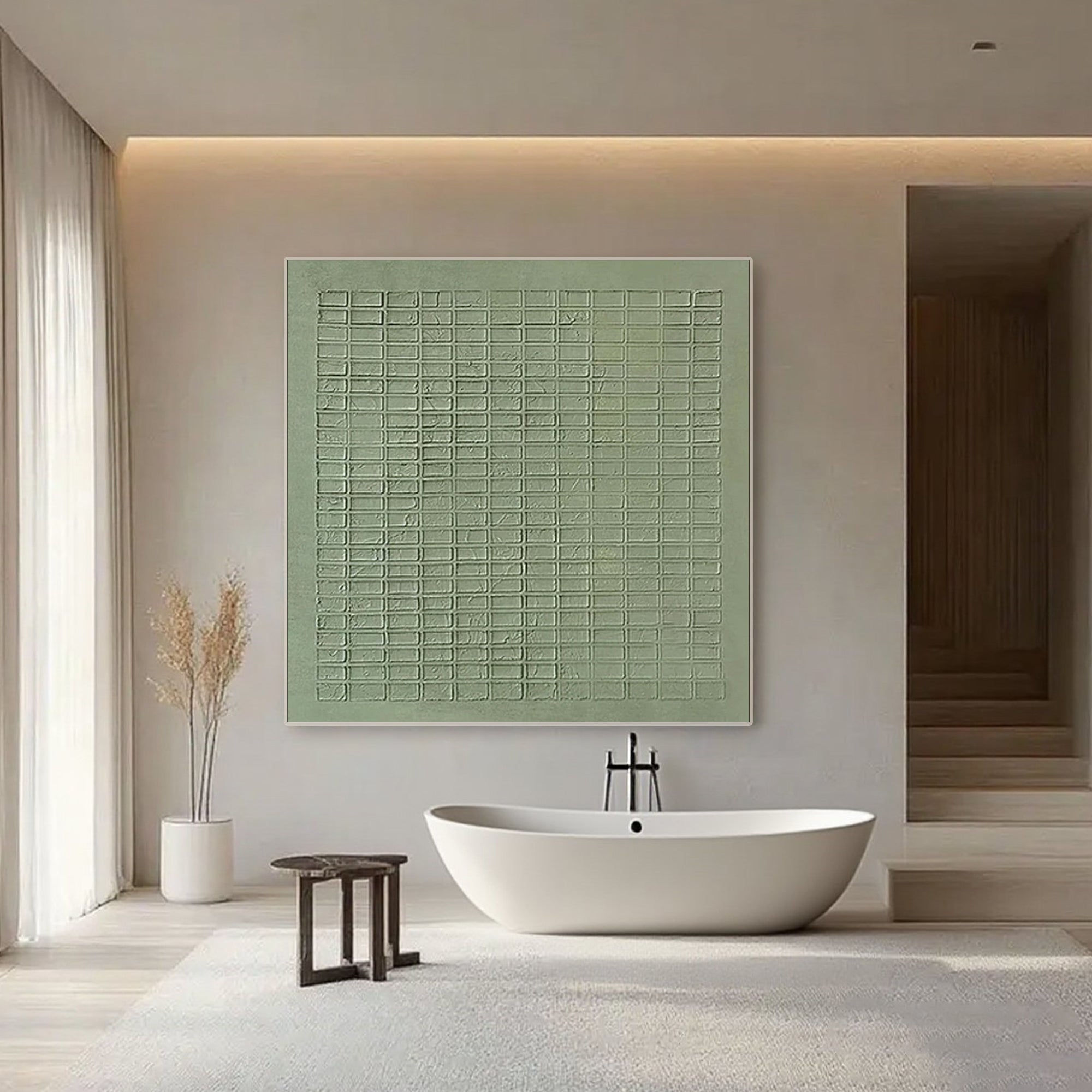 Wabi Sabi green canvas art displayed in a modern living room setting.