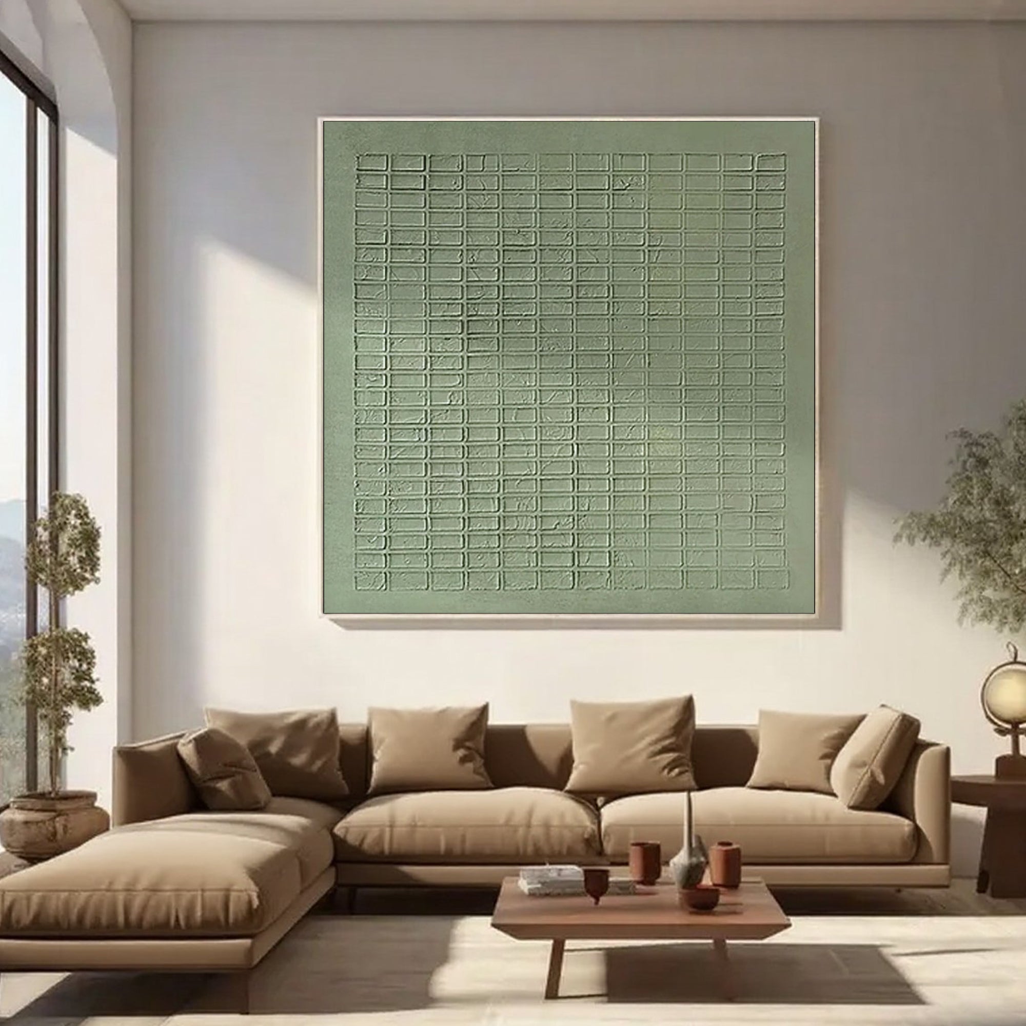 Hand-painted green wabi-sabi square wall art in earthy interior spaces.