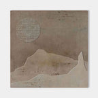 Close-up of Wabi Sabi brown canvas art featuring textured sun and mountain shapes.