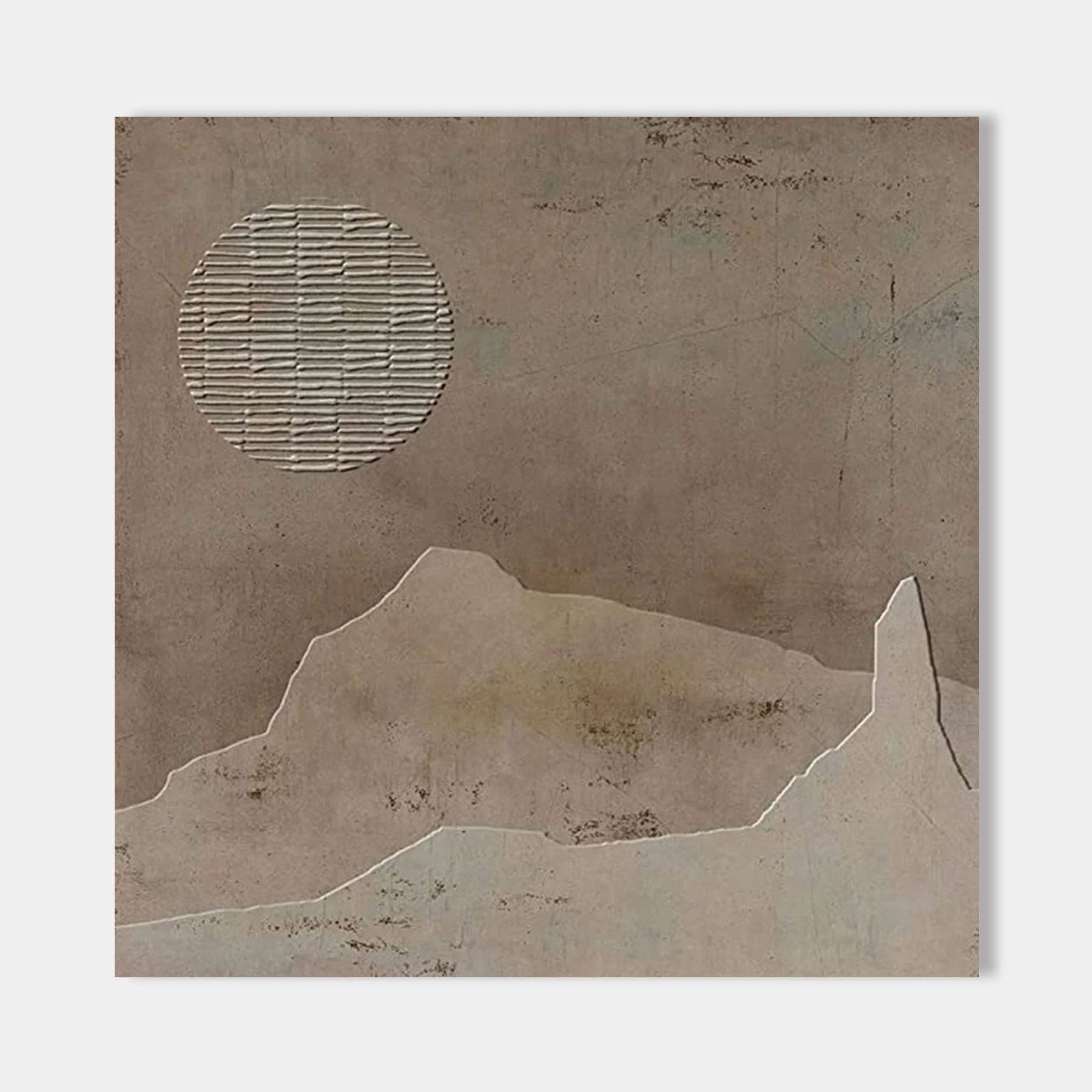 Close-up of Wabi Sabi brown canvas art featuring textured sun and mountain shapes.