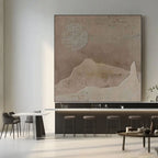 Wabi Sabi brown canvas art featuring textured sun and mountain shapes.