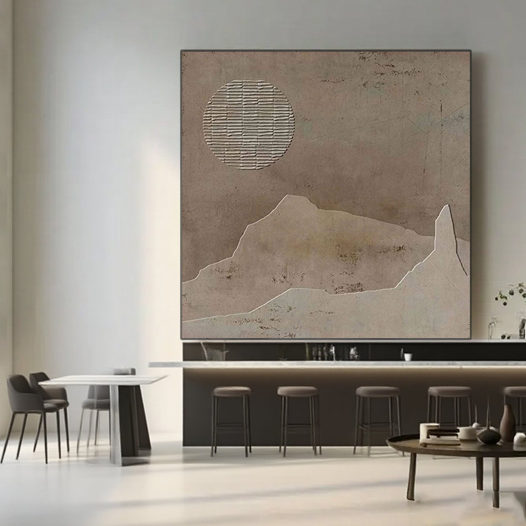 Wabi Sabi brown canvas art featuring textured sun and mountain shapes.