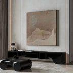 Wabi Sabi brown canvas art featuring textured sun and mountain shapes.