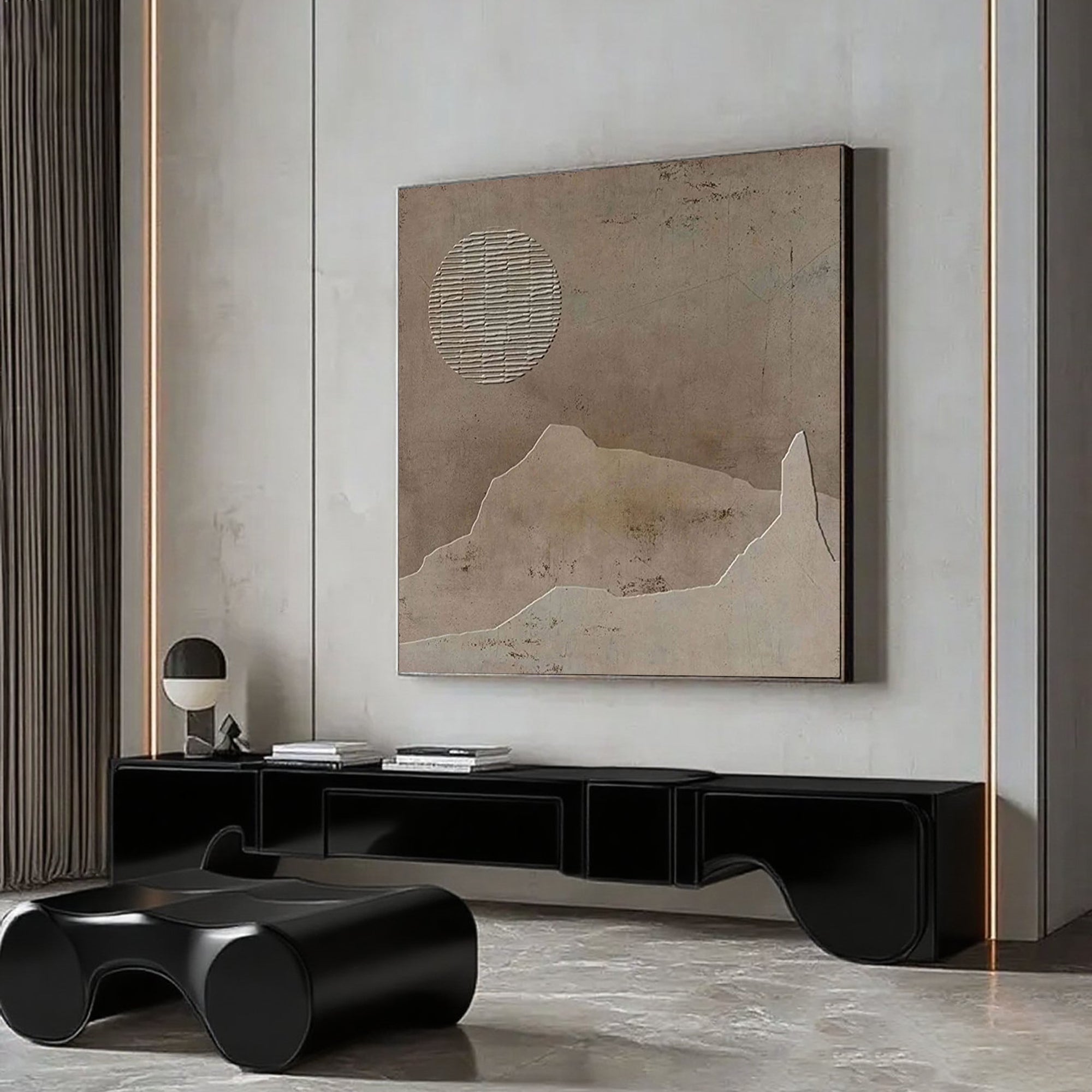 Wabi Sabi brown canvas art featuring textured sun and mountain shapes.