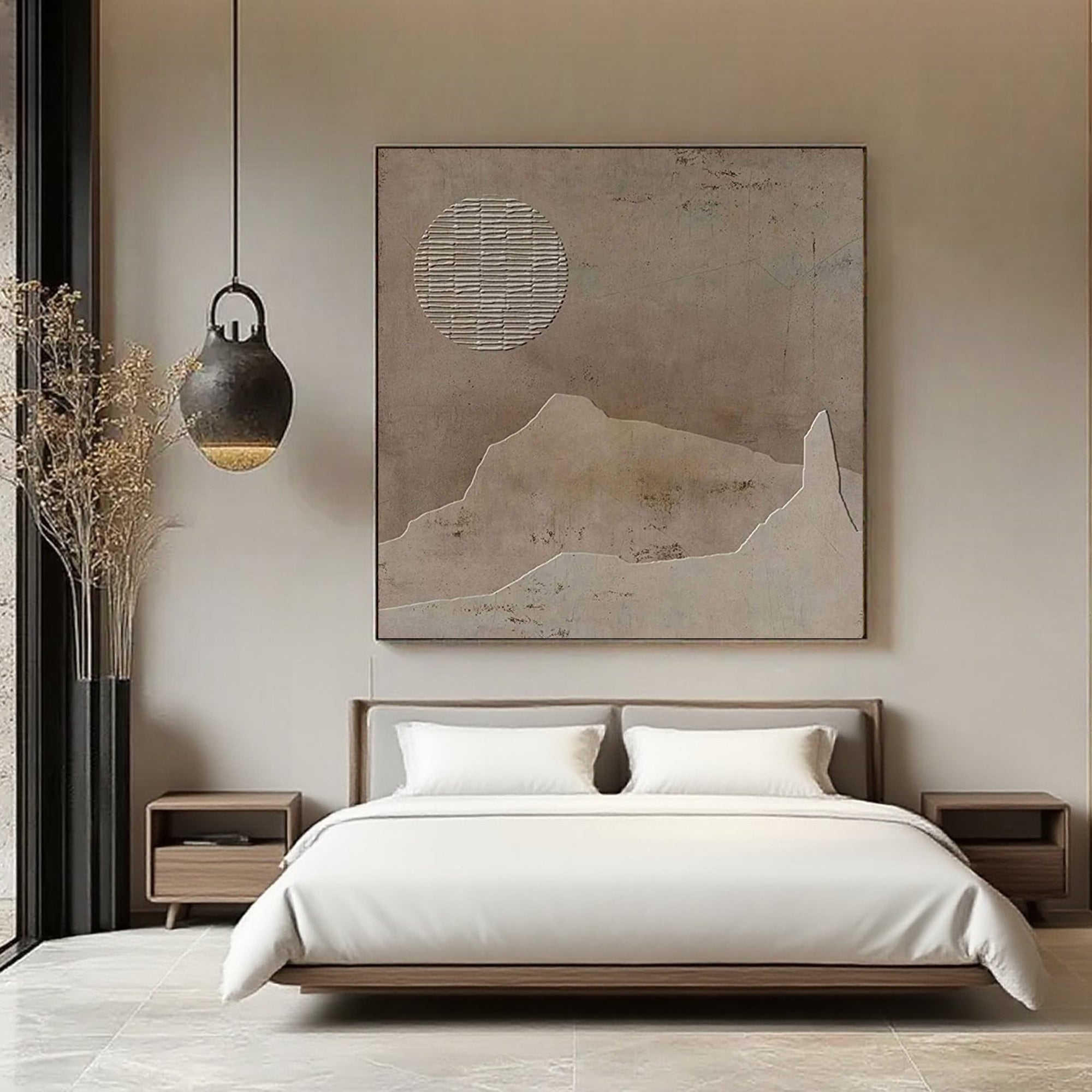 Wabi Sabi brown canvas art featuring textured sun and mountain shapes.