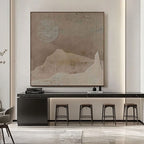 Wabi Sabi brown canvas art featuring textured sun and mountain shapes.