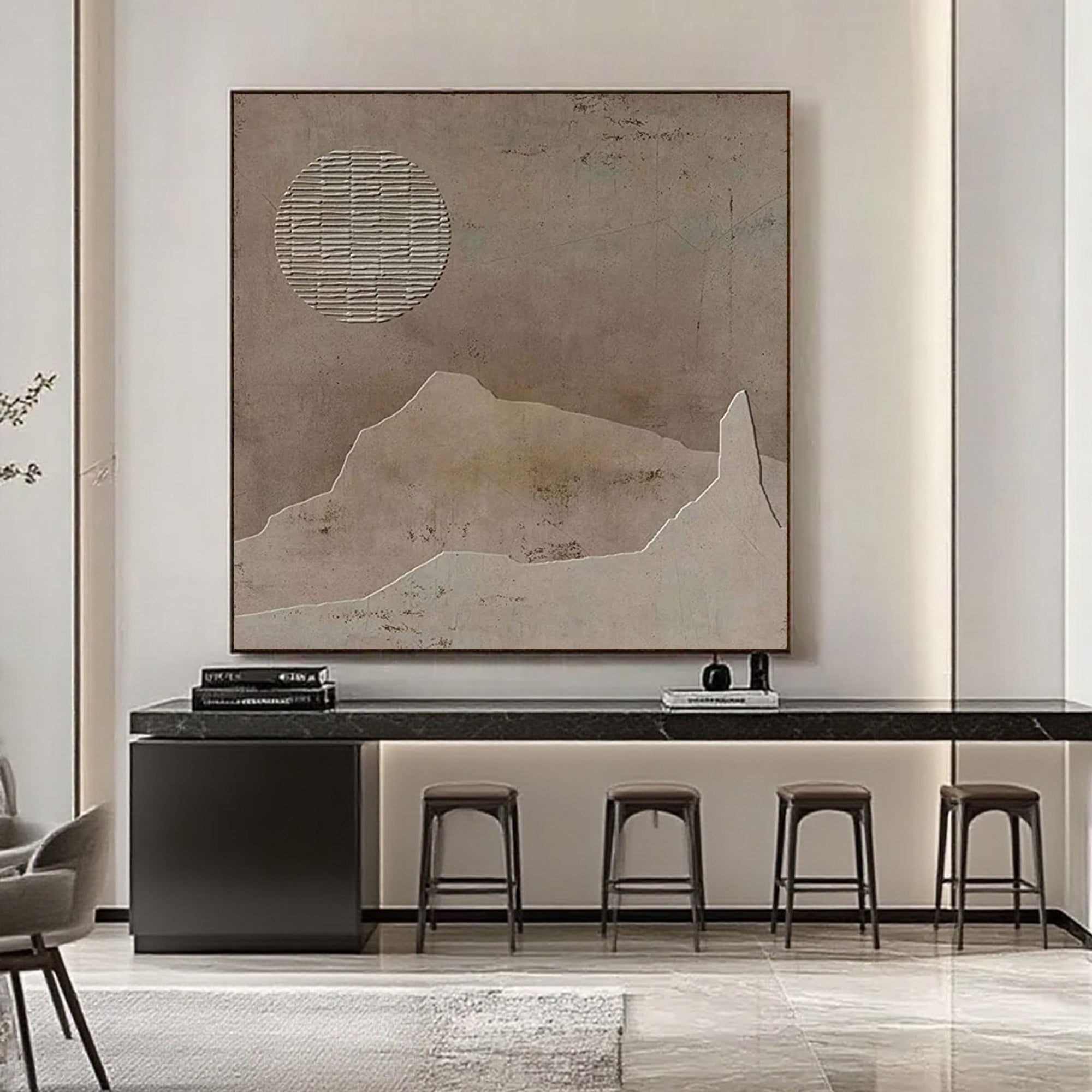 Wabi Sabi brown canvas art featuring textured sun and mountain shapes.
