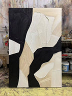 Vertical Hand-painted Canvas in abstract geometric design, featuring neutral tones for modern interior decor.