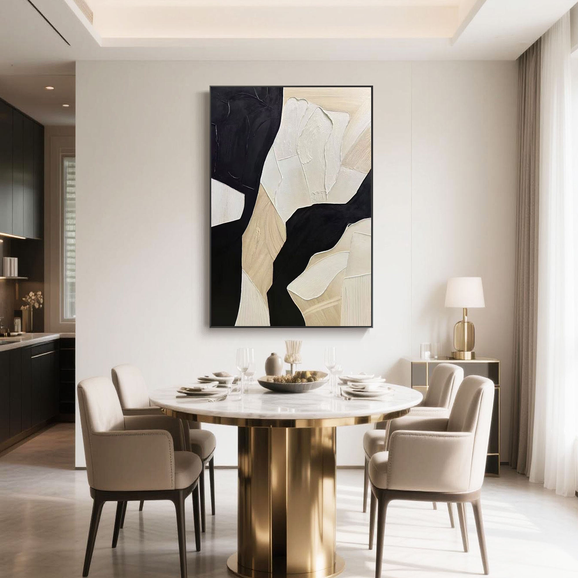 Hand-painted abstract wall art in neutral tones complements a modern dining space with gold accents and floor-length curtains.