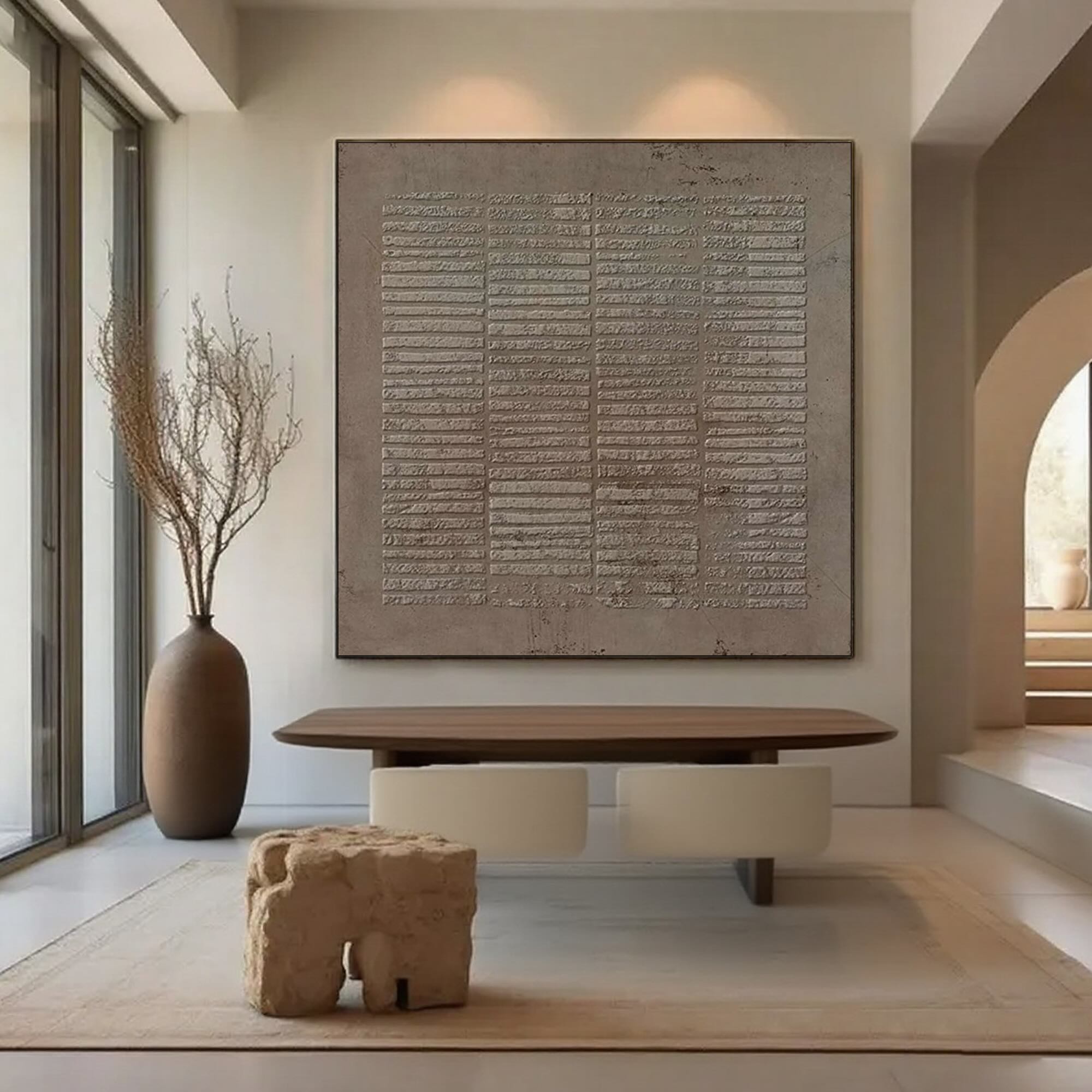 Wabi Sabi square canvas art in sediment color in a modern interior.