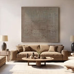 Wabi Sabi square canvas art in sediment color, close-up texture detail.