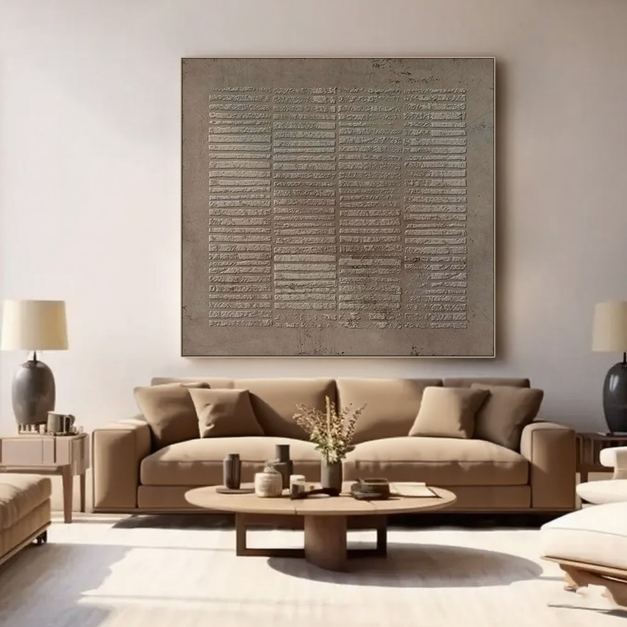 Wabi Sabi square canvas art in sediment color, close-up texture detail.