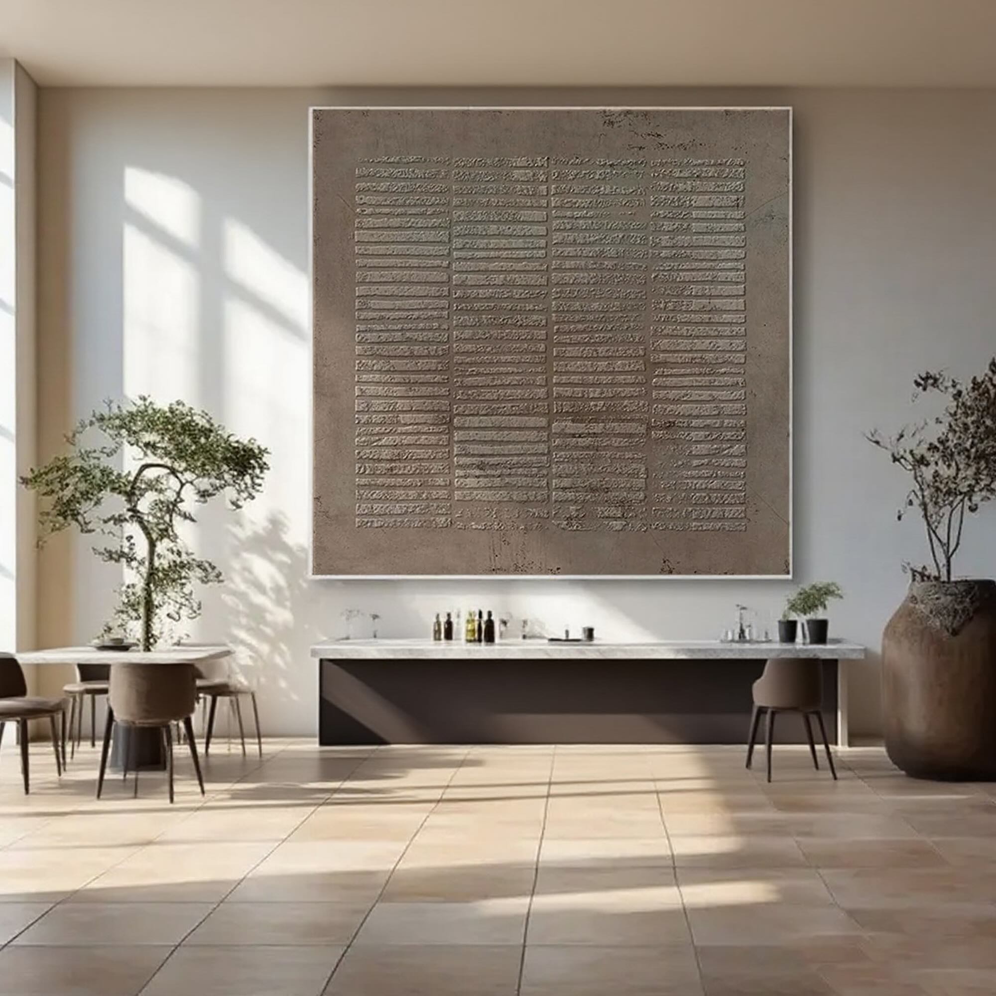 Wabi Sabi square canvas art in sediment color in a Japandi-style room.