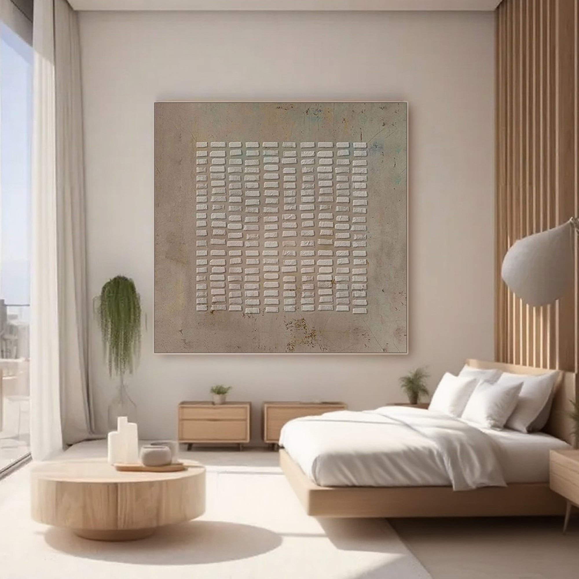 Wabi-sabi canvas art in a minimalist bedroom.