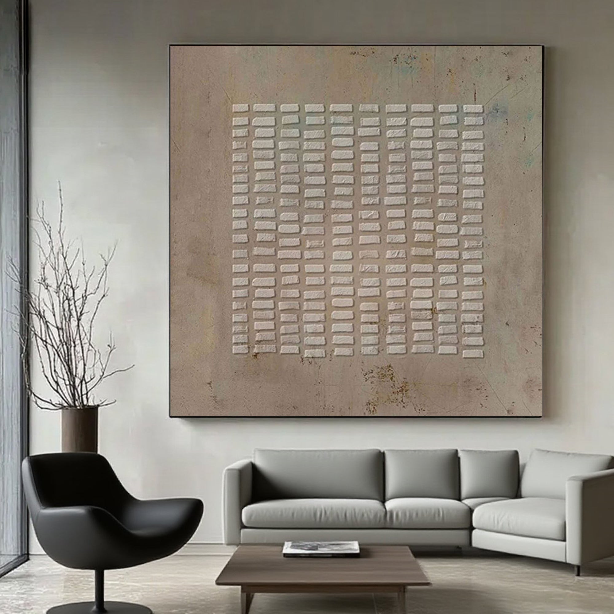 Wabi-sabi canvas art in a modern living room setting.