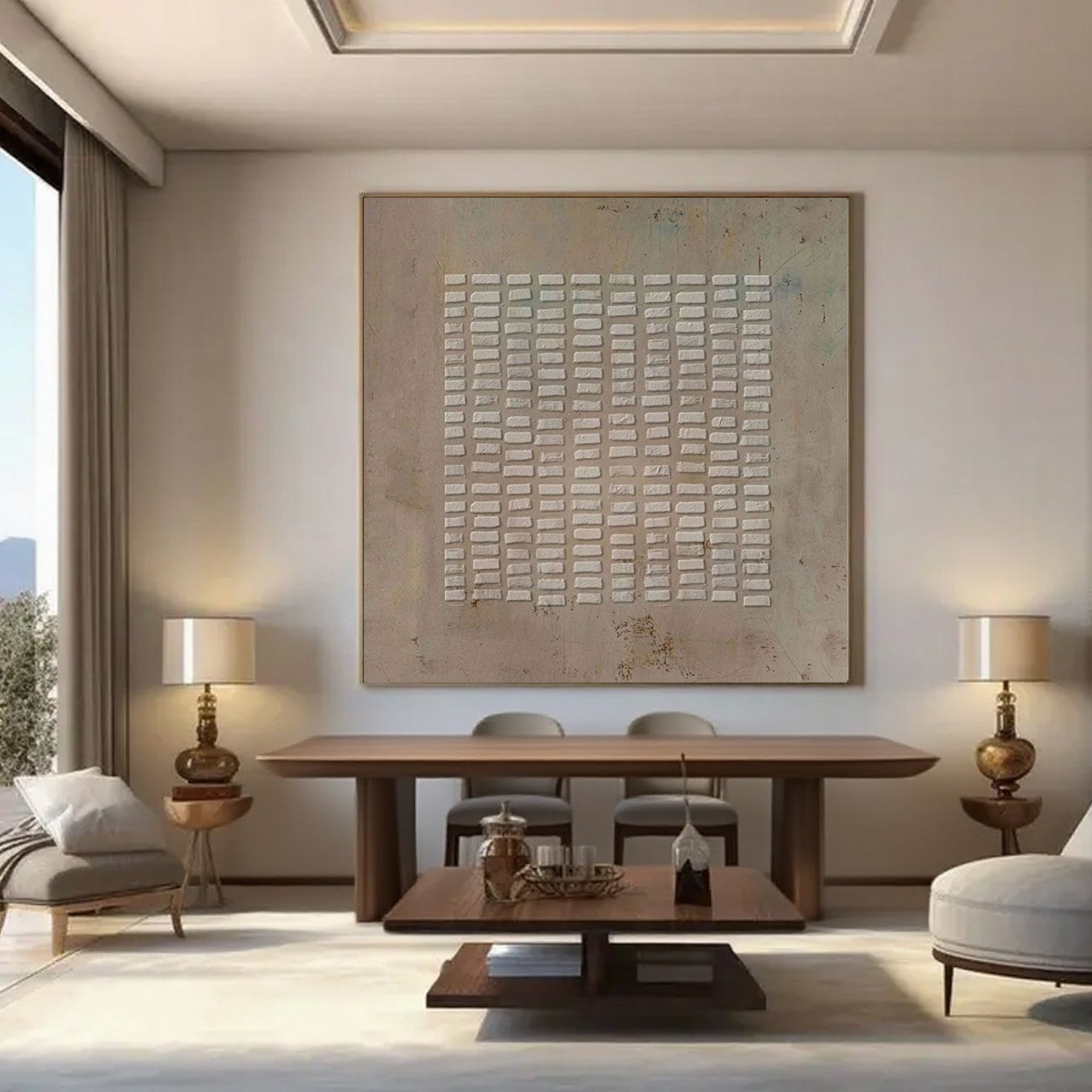 Square wabi-sabi canvas art in a dining room setting.