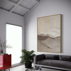 Minimalist abstract painting in warm neutrals on vertical canvas