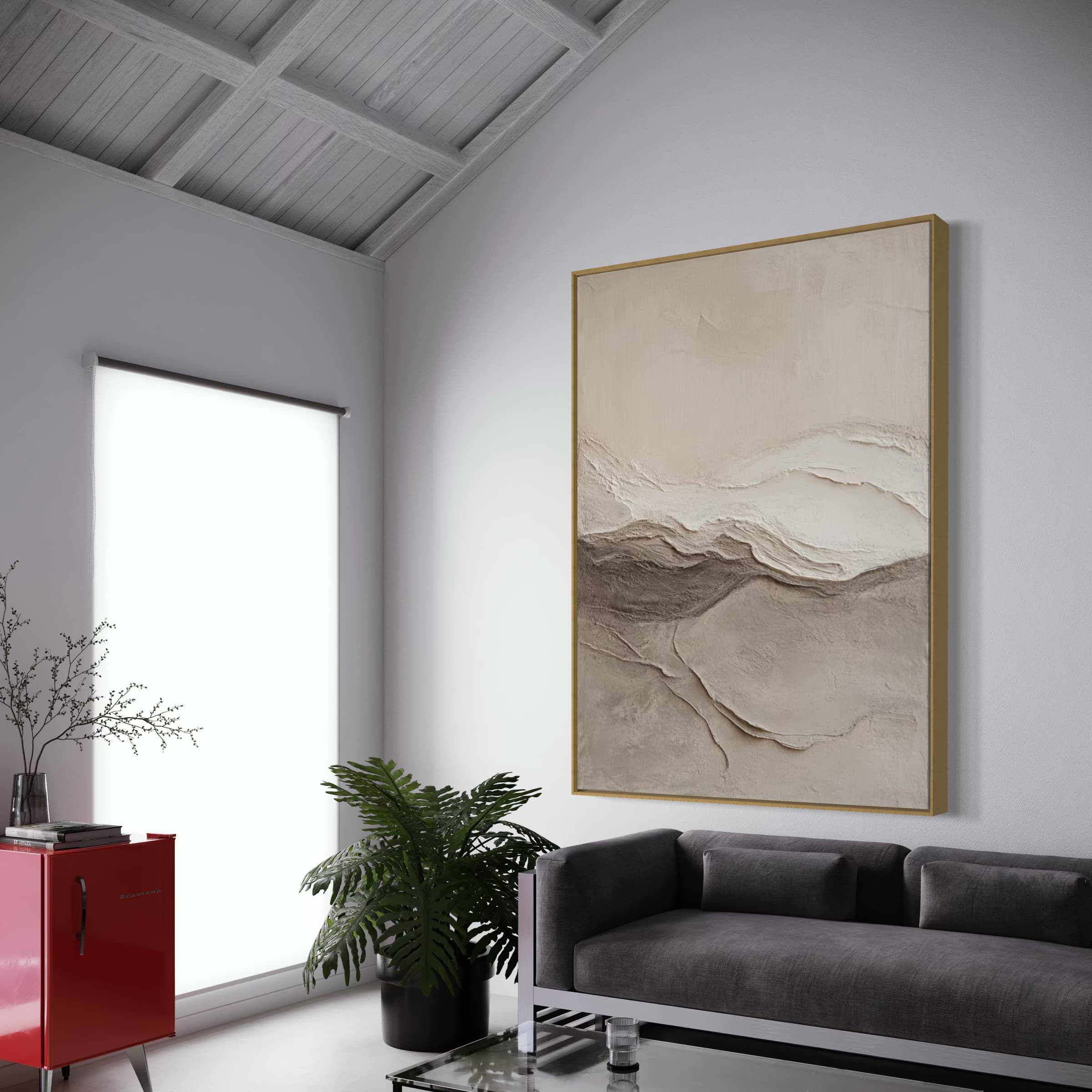Minimalist abstract painting in warm neutrals on vertical canvas