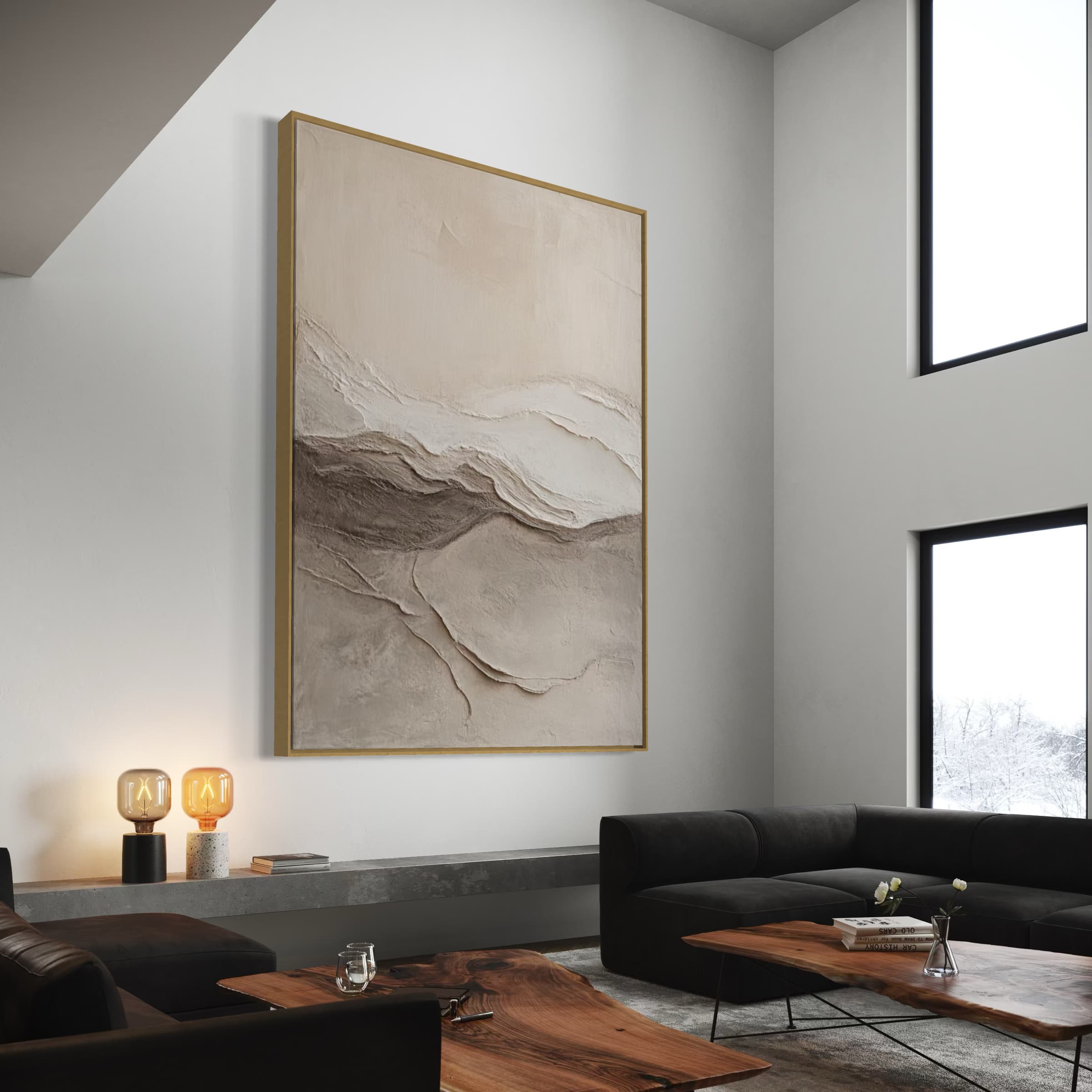 Wabi Sabi canvas art displayed in a minimalist living room wall