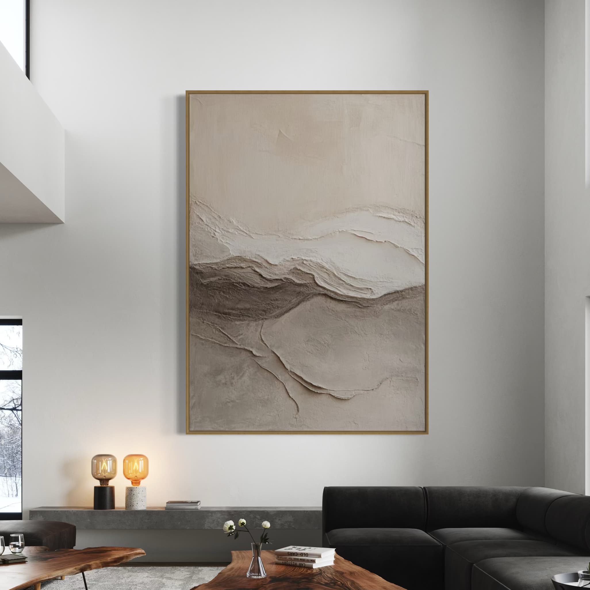 3D abstract artwork with hand-built texture in natural tones