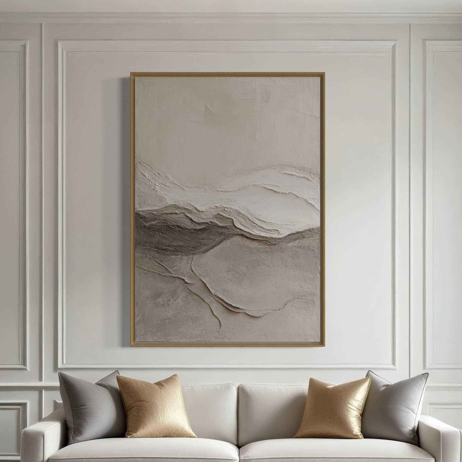 Abstract neutral painting styled in modern bedroom interior