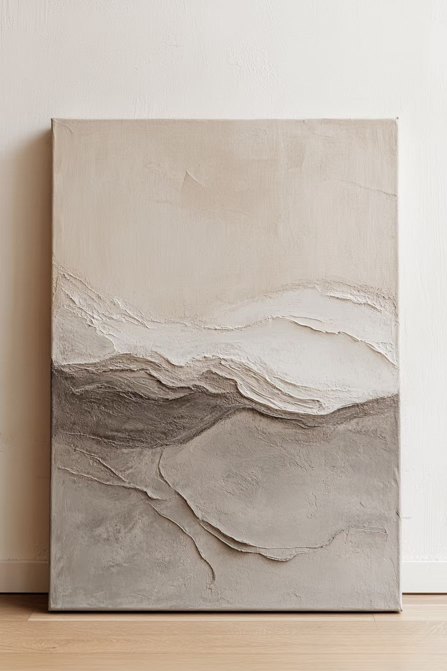 Wabi Sabi abstract wall art with 3D textured waves in beige tones