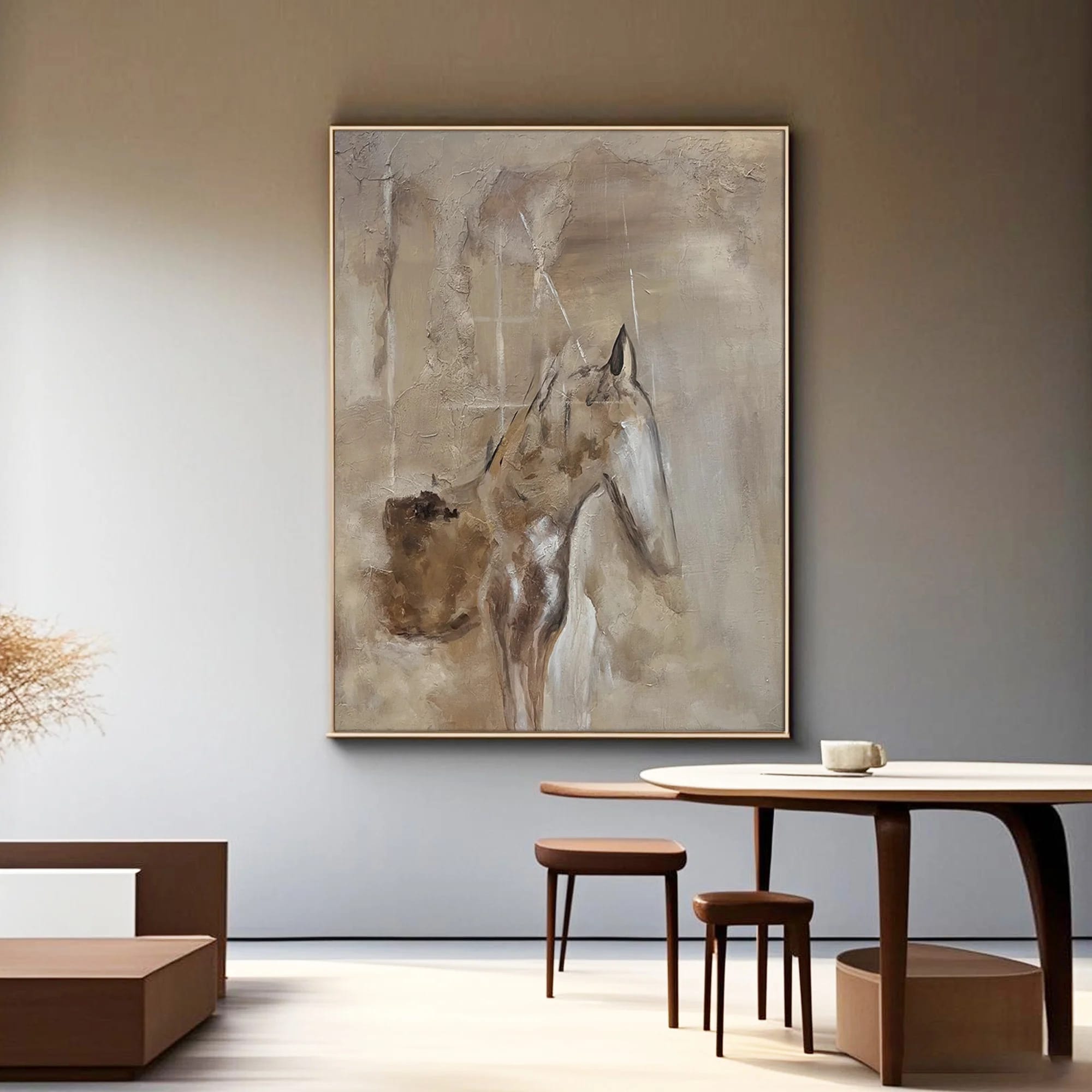 Lumi Gallery's Wabi-Sabi abstract horse canvas art with textured beige tones, modern dining room