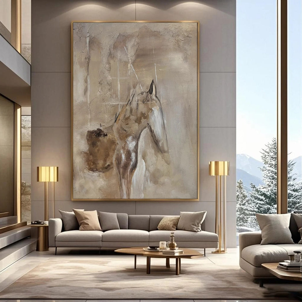 Lumi Gallery's Wabi-Sabi abstract horse painting with textured details in neutral tones