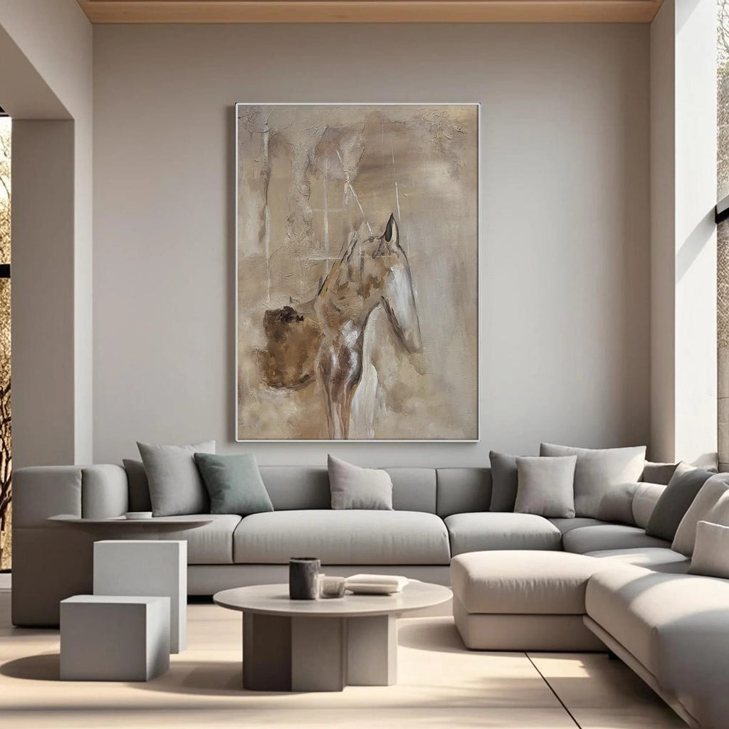 Wabi-Sabi hand-painted abstract horse painting on textured canvas in modern living room
