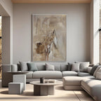Wabi-Sabi hand-painted abstract horse painting on textured canvas in modern living room