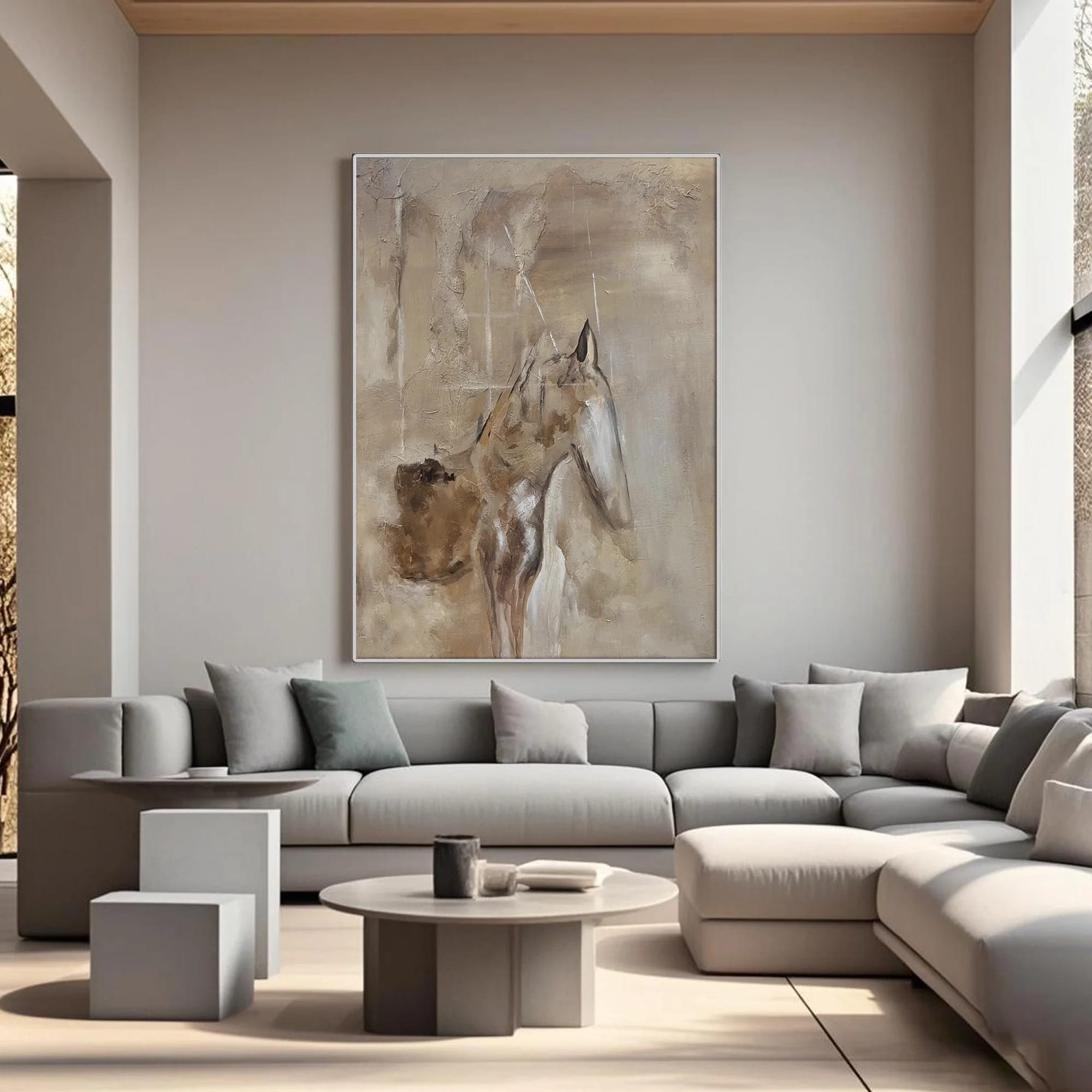 Wabi-Sabi hand-painted abstract horse painting on textured canvas in modern living room