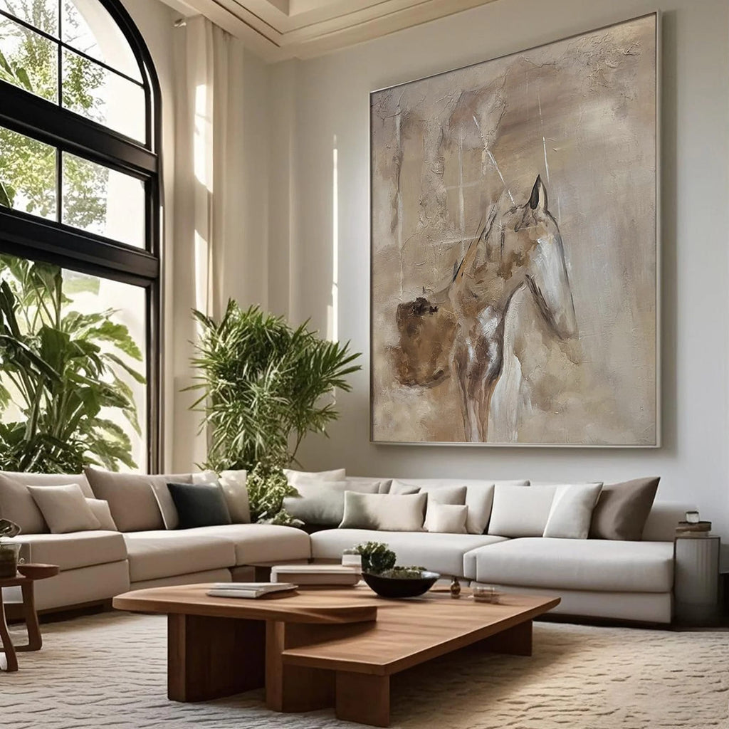 Hand-painted Wabi-Sabi abstract horse art on canvas in modern living room