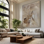 Hand-painted Wabi-Sabi abstract horse art on canvas in modern living room