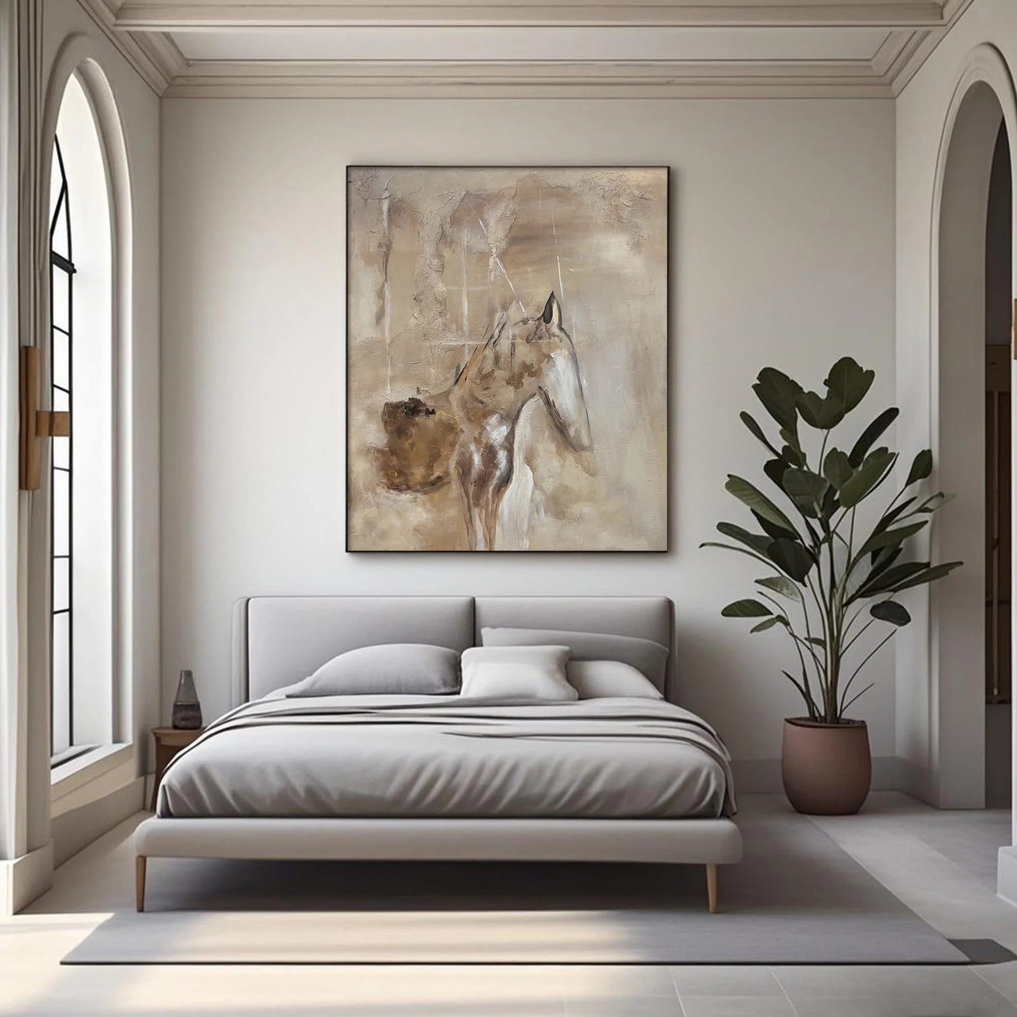 Wabi-Sabi Abstract Horse Painting 'Noble Stillness' in earthy beige, brown, white tones, hand-painted canvas with textured details, displayed in modern bedroom with neutral decor.
